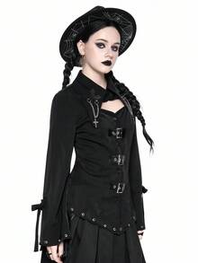 ROMWE Gothic Cross Pendant Slim Fit Women Shirt For Halloween - Black - View 6