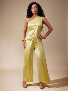 Vixey Solid Satin One Shoulder Wide Leg Sleeveless Jumpsuit - Yellow - View 4