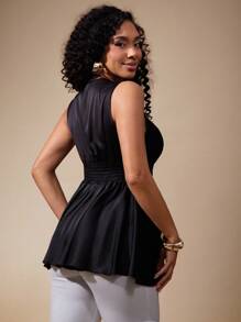 Vixey Áo peplum không tay cổ khoét sâu bằng vải satin trơn có cạp chun - Đỏ - Xem 2