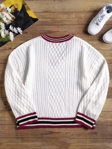 Manfinity Joysei 男士休闲拼布条纹装饰V领字母图案毛衣，秋冬 - 白色 - 查看 2