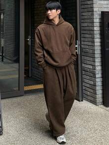 DAZY Men's Solid Brown Loose Fit Corduroy Fabric Hoodie & Pants Set, Autumn, Cozy Outfits - Brown - View 5