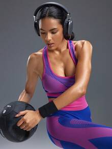 Powerista Bộ đồ tập luyện thể thao áo crop top và quần legging chắp vá màu tương phản dành cho nữ - Màu xanh lam - Xem 1