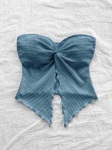 SHEIN Áo hai dây viền bất đối xứng thoải mái tối giản dành cho bé gái tuổi mới lớn - Màu xanh hải quân - Xem 5