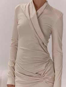 MUSERA 交叉领口褶皱裹身开衩长裙，优雅性感，适合夜晚外出、婚礼宾客、度假、秋季叠穿派对、感恩节、时尚新娘、单身派对、告别单身派对等场合。 - 卡其色 - 查看 6