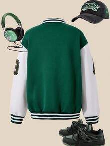 SHEIN Explorewe 女童休闲拼布夹克，正面和袖子绣有字母，斜插口袋，白色纽扣，适合上学、通勤、购物、运动、郊游，可搭配长袖、背心、裤子、运动裤 - 綠色 - 查看 2