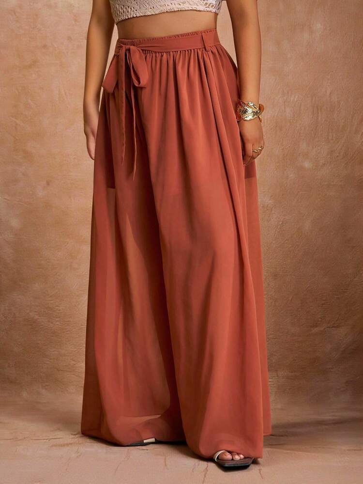 Veslaya 秋冬新品/女士秋季服装/万圣节/秋冬女装 百搭简约波西米亚风宽松飘逸阔腿裤，柔和纯色，适合海滩、音乐节、热带度假、春季穿着，大码女装 - 棕色 - 查看 5