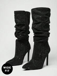 SHUZIA 女式宽筒及宽版水钻尖头及膝细高跟休闲中筒靴 - 黑色 - 查看 6