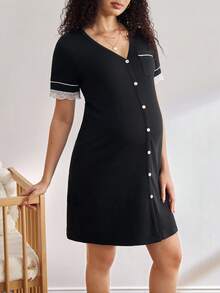 BloomMama Bielizna nocna ciążowa - 3-częściowa sukienka z krótkim rękawem (rękawy wykończone koronką) Zapinana na guziki koszula nocna damska sukienka piżamowa sukienka wypoczynkowa dla kobiet damska koszula nocna sukienka do spania damska - Czarne - Zobacz 3