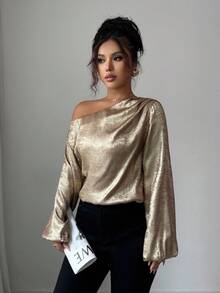 Selianne Women's Metallic Shoulder Ruched Lantern Sleeve Fashion Blouse - Gold - View 6