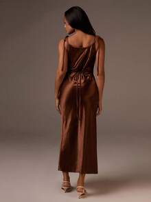Athîral Women's Solid Color Tie Shoulder Split Hem Elegant Dress,Old Money,Satin Long Dress - Coffee Brown - View 1