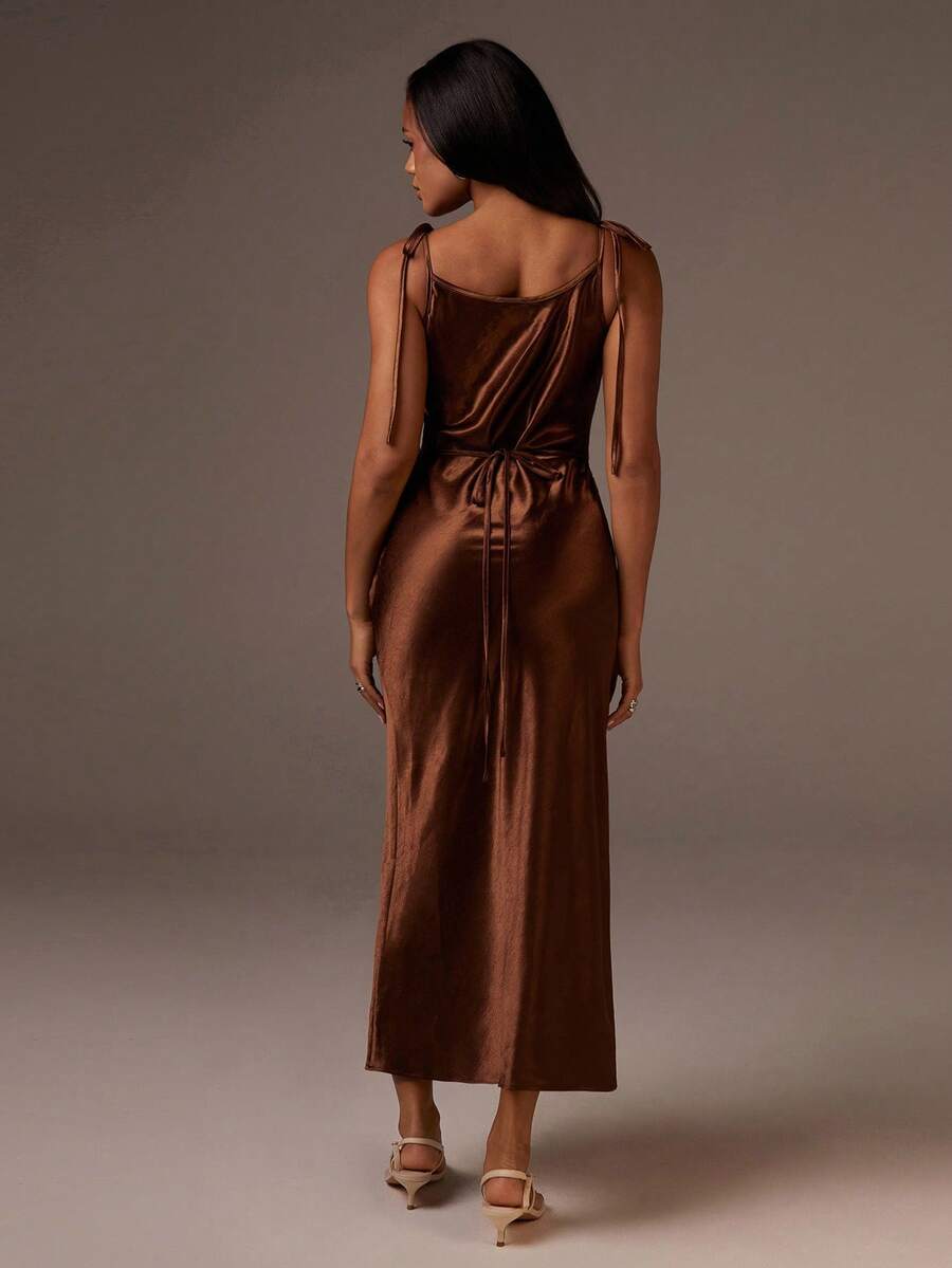 Athîral Women's Solid Color Tie Shoulder Split Hem Elegant Dress,Old Money,Satin Long Dress - Coffee Brown - View 1