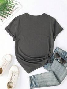 INAWLY 时尚街头风格复古口号刺绣棉质加大码圆领T恤女款 - 深灰色 - 查看 2