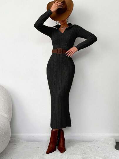 EURMUSE Women's Autumn Turndown Collar Long Sleeve Cable Pattern Fitted Elegant Knit Dress