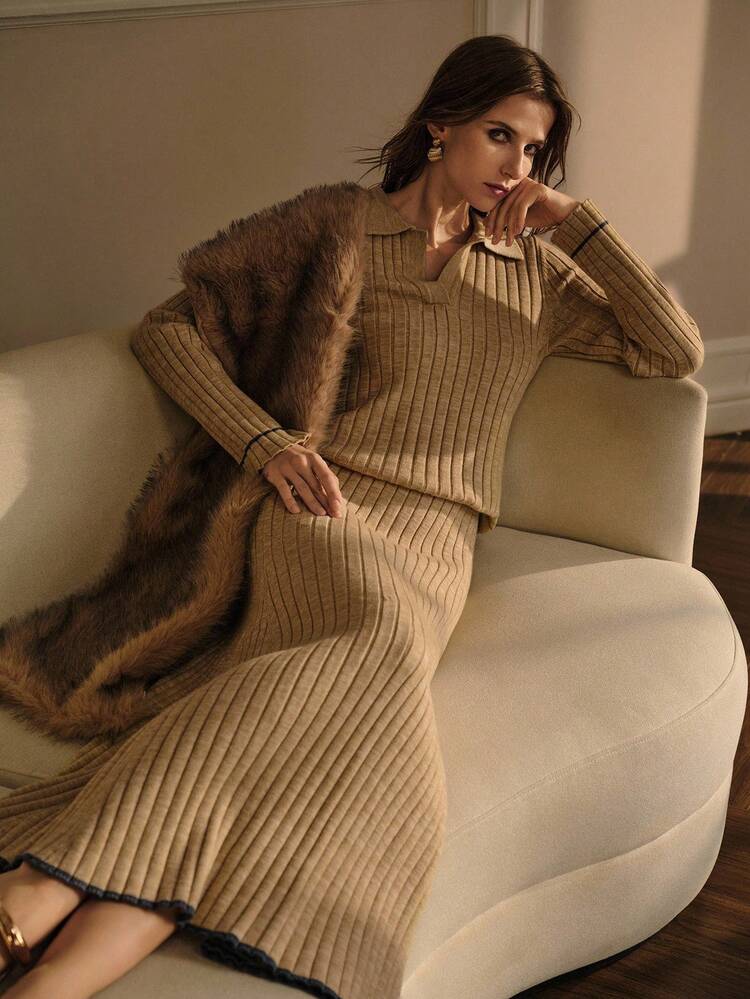 2PCS RIB-KNIT LONG SLEEVE TOP & BASIC BIAS CUT SKIRT SWEATER SET