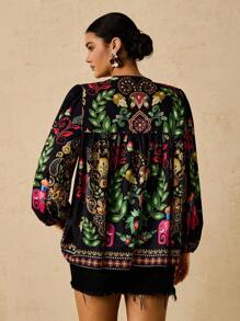 Travachic Camicetta a maniche lunghe con scollo tondo, laccetti e motivo tropicale e retrò, taglie comode per donna - Multicolore - Visualizzare 2