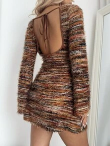 Aloruh Women's Striped Open Back Tie-Up Design Long Sleeve Fashionable Mini Dress - Multicolor - View 2