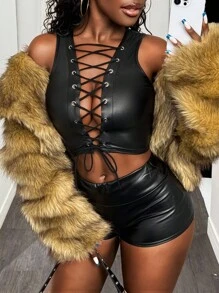 BamGleam 女士 PU 纯色性感系带吊带背心 - 黑色 - 查看 6