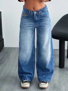 EURMUSE HIGH WAIST WIDE LEG CASUAL STYLE DENIM - Medium Wash - View 5