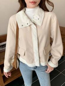 SHEIN Teen Girls Winter Jacket, Girl Loose Zip-Up Lined Casual Jacket, Autumn/Winter Streetwear - Beige - View 1