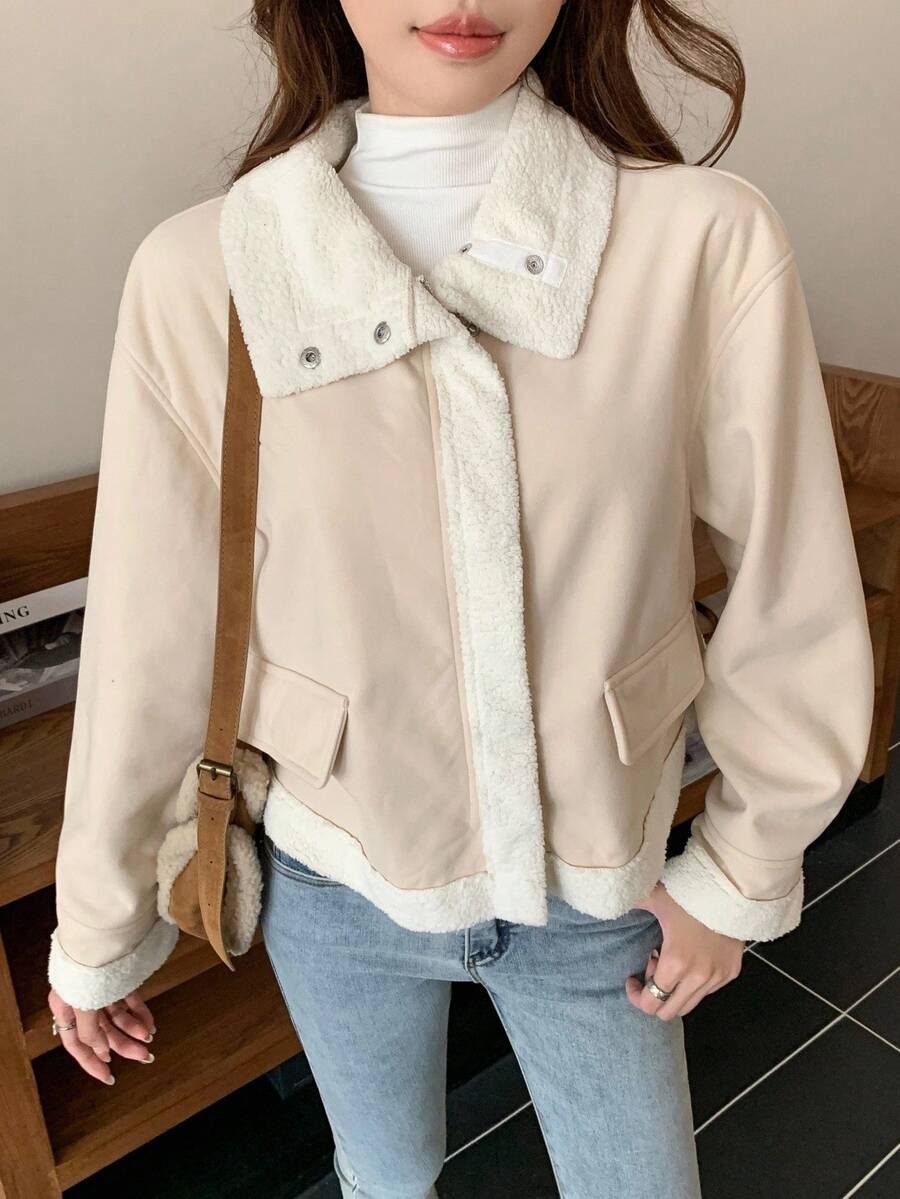SHEIN Teen Girls Winter Jacket, Girl Loose Zip-Up Lined Casual Jacket, Autumn/Winter Streetwear - Beige - View 1