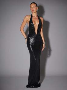 Hauture 深 V 领金属针织褶饰露背无袖连衣裙