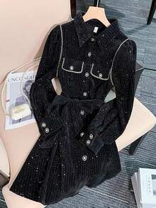 Franclia Long Sleeve Solid Color Black & Gold Lace Trim Dress, Elegant Style For Autumn/Winter - Black - View 3