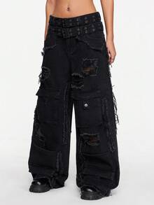 ROMWE Street Life 女式宽松做旧阔腿牛仔裤，双腰带设计 - 黑色 - 查看 5