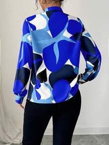 Elenzga Fashionable Commuter Contrast Color Print Notch Collar Shirt - Blue - View 2