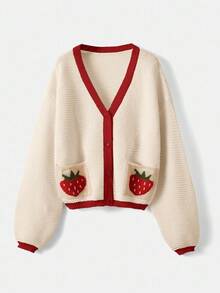 ROMWE Kawaii 女士时尚休闲可爱钩针草莓纽扣开衫 - 杏色 - 查看 4