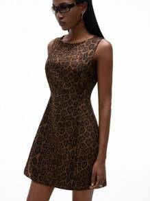 GENKIRA 棕色麂皮豹纹面料复古设计感圆领时尚优雅性感修身休闲百搭无袖长裙女 - 彩色 - 查看 4