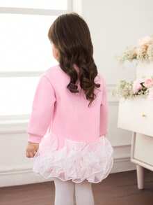 Babyflicka Söt Avslappnad Stickad Patchwork Organza Långärmad Klänning - Rosa - Visa 2