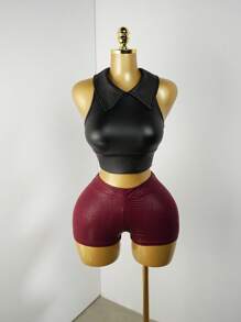 BamGleam Camiseta de tirantes minimalista de PU 2025: Top de cami con ajuste ceñido estilo Y2K - Uso casual de otoño a ropa de club - Negro - Ver 4