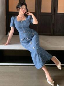 DAZY Casual Washed Floral Print Square Neck Puff Sleeve Women Denim Dress, Summer