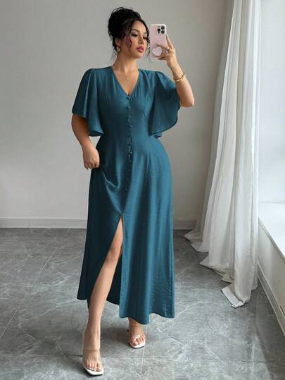Elenzga Plus Size Women's Spring/Summer French Elegant Commute Casual Vacation Afternoon Tea Bohemian V-Neck Button Decor A-Line Slit Flare Sleeve Long Dress