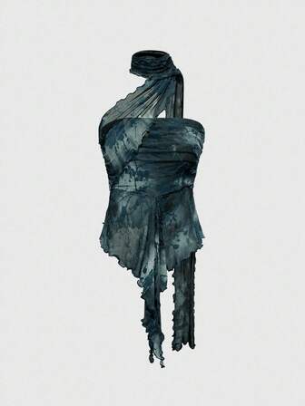 Grunge Punk Top bandeau à volants latéraux amovibles en maille floquée, style rétro sexy Y2K pour femmes