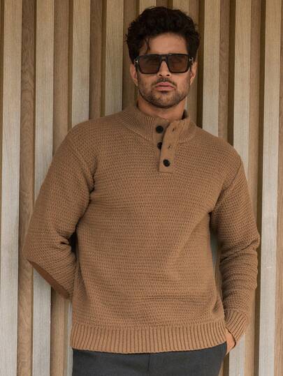 Manfinity NXTstreet Men's Pullover Sweater With Half-Open Chest Button, Textured Vintage Style Slim Fit, Fall Winter