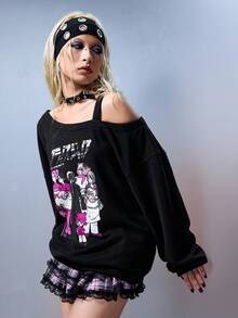 Black Jack X ROMWE Women's Casual Portrait Pattern Oblique Shoulder Loose Sweatshirt, Autumn - Black - View 7