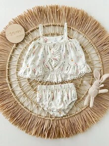 Bộ đồ liền thân họa tiết hoa kẻ sọc dễ thương mùa hè cho bé gái sơ sinh và quần short cạp chun - Nhiều màu - Xem 4