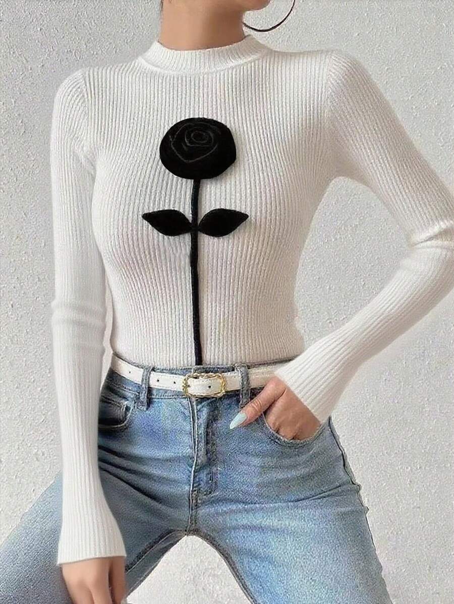 Franclia European And American New Blogger Same Style Round Neck Contrast Color 3D Rose Flower Ribbed Sweater Fall Winter For Elegant Fashionable Casual Commuting Business Office Daily Leisure All-Match Urban Teacher Professional Attire - Multicolor - View 1