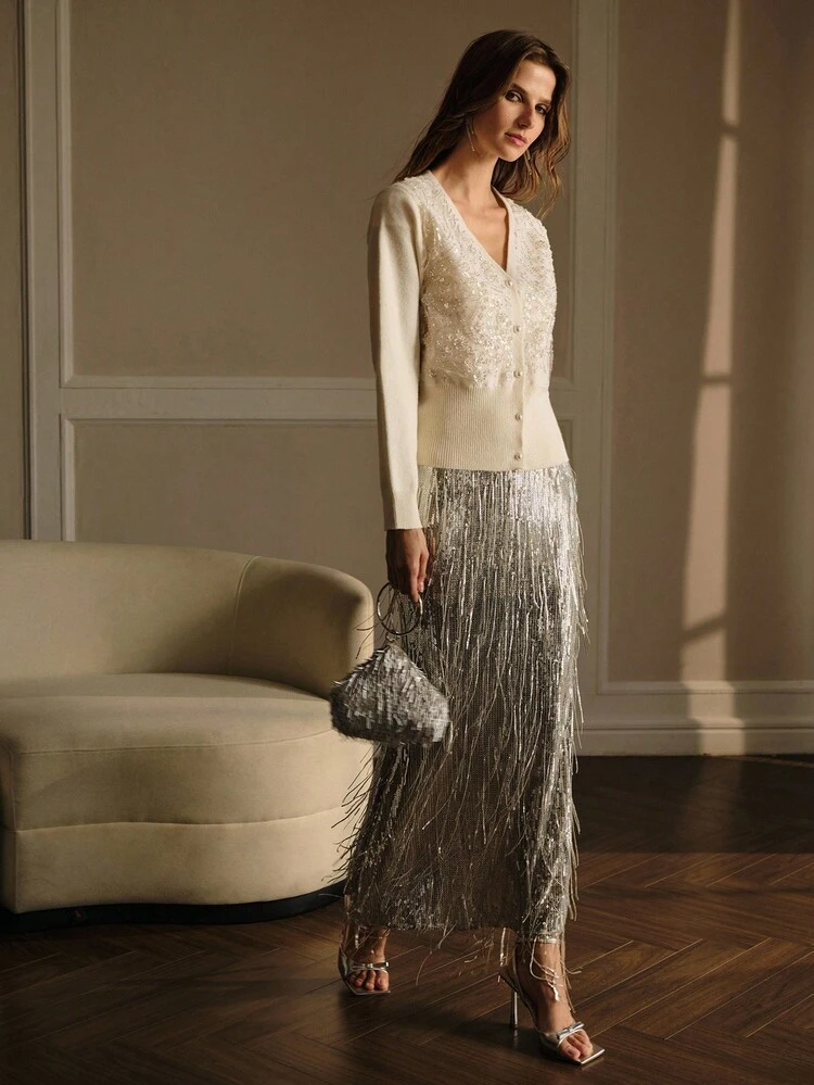 CONTRAST FAUX PEARLS AND SEQUINS V-NECK CARDIGAN