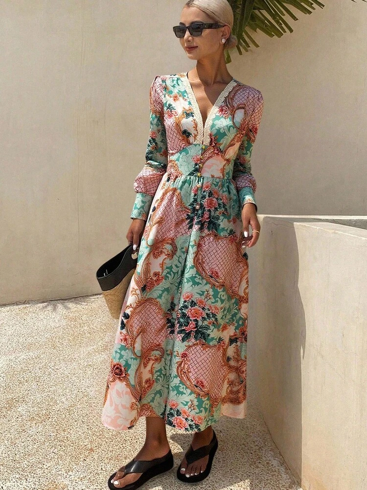 Women's Floral Bohemian Vacation Style Waist Cinched V-Neck Dress With Puff Sleeves, Spring/Summer Maxi Dress Boho