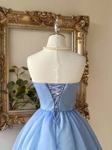 Lovelzi 优雅浪漫的蓝色欧根纱褶皱钢圈收腰喇叭长裙，适合生日派对、约会、婚礼、晚会、舞会礼服 - 藍色 - 查看 6