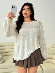 SHEIN EZwear 大码休闲纯色插肩袖女式开衫秋冬装 - 杏色 - 查看 5