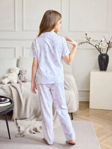 少女花卉印花纽扣前襟衬衫和裤子睡衣套装 - 淡紫色 - 查看 2