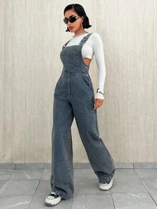 EURMUSE Casual Versatile Button Pocket Wide Leg Bib Overall For Women Jean Jumpsuit Jean Overalls Denim Jumpsuit - Medium Wash - View 4