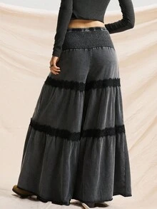 Easelle Fashion Holiday Retro Lace Edge Wide Leg Pants Snow-Washed Wide Leg Trousers Splicing Lace Retro Casual Autumn And Winter Fall Clothes Women - Black - View 2