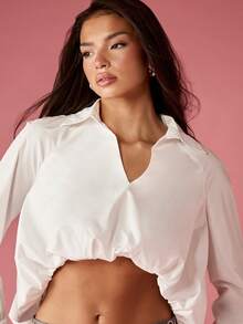 MISSGUIDED Crop Button Down Collared Blouse Long Sleeve White Bubble Hem Shirt High Waist Asymmetric Design Fashion Top Elegant Office Style Business Casual - White - View 5