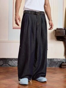 SWAVVY Quần jean denim dài màu xanh dương dáng rộng thoải mái cho nam - Màu xanh lam - Xem 4