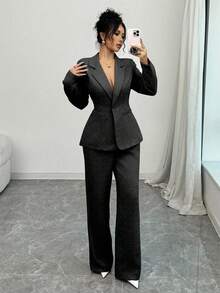 Elenzga 2 piezas Conjunto de traje elegante rosa para mujer - Chaqueta tipo blazer y pantalones a juego, adecuado para oficina, negocios, fiesta, cita de San Valentín - Negro - Ver 1