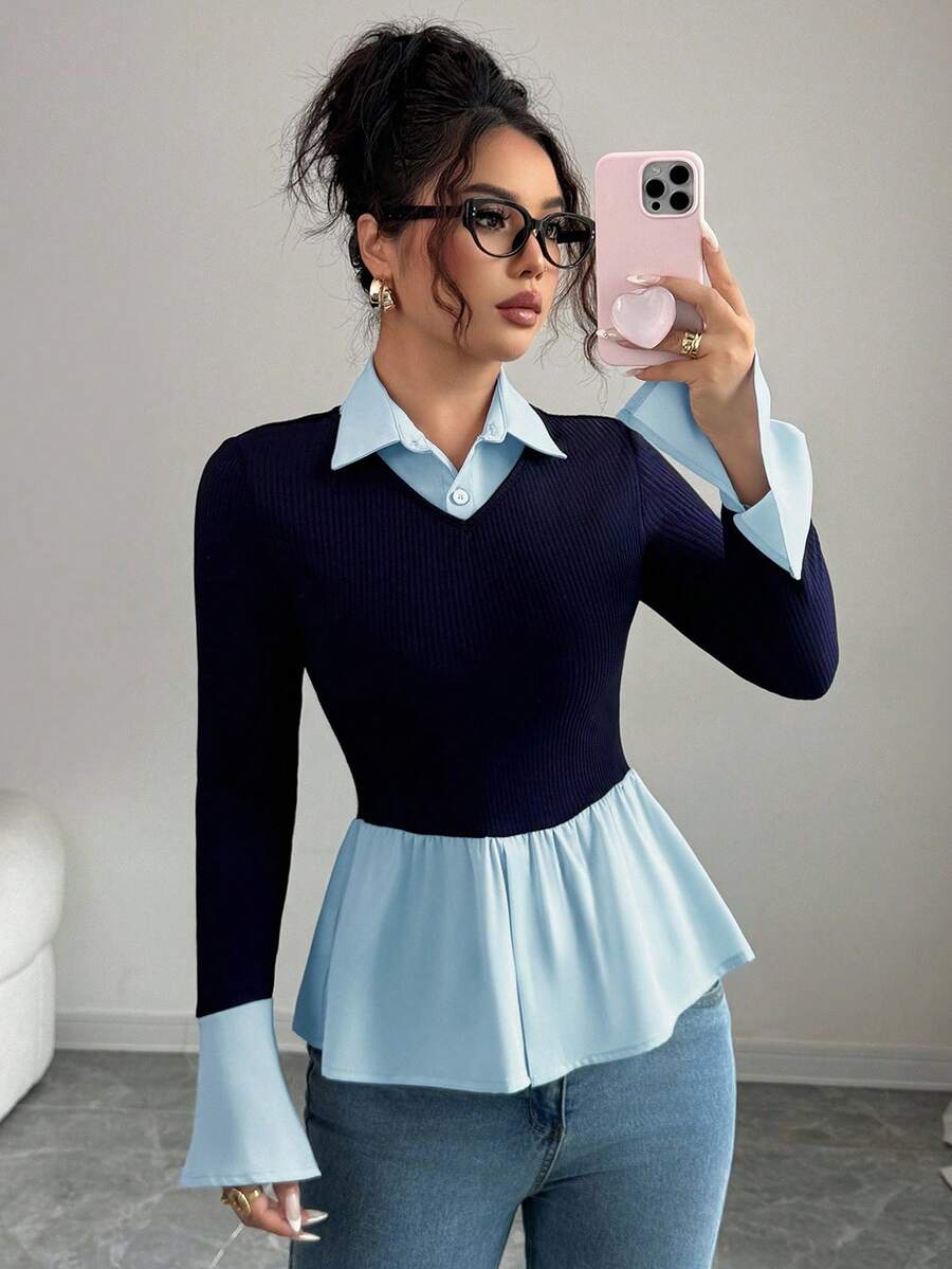 Elenzga Women's 2 In 1 Woven Patchwork Shirt Collar V-Neck Long Sleeve Fitted Flared Hem Elegant Blouse, Spring/Autumn/Winter Fall Cloth For Women